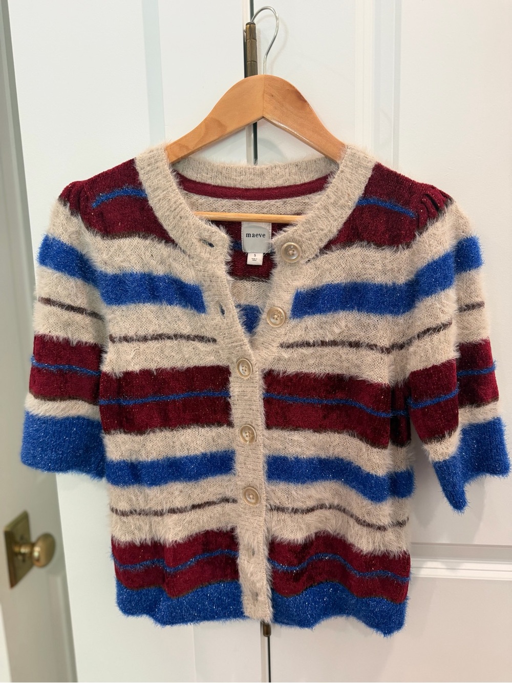 Maeve Anthropologie Fuzzy Striped Short Sleeve Cardigan Sweater S